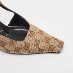 Pre Owned Gucci Beige/Brown GG Canvas Slingback Pumps Size 36.5