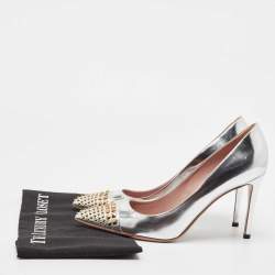Pre Owned Gucci Silver Leather Studded Cap Toe Pumps Size 39.5