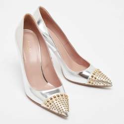 Pre Owned Gucci Silver Leather Studded Cap Toe Pumps Size 39.5
