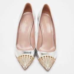 Pre Owned Gucci Silver Leather Studded Cap Toe Pumps Size 39.5