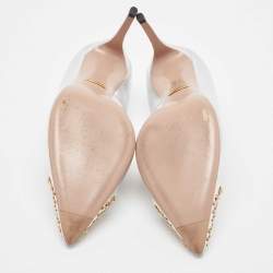 Pre Owned Gucci Silver Leather Studded Cap Toe Pumps Size 39.5