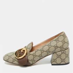 Pre Owned Gucci Beige/Brown GG Sumpreme Canvas and Leather Block Heel Pumps Size 39