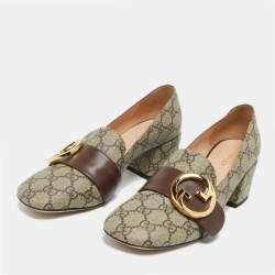 Pre Owned Gucci Beige/Brown GG Sumpreme Canvas and Leather Block Heel Pumps Size 39