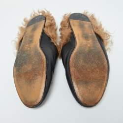Pre Owned Gucci Black Leather and Fur Tiger Embroidered Princetown Mules Size 39