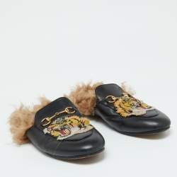 Pre Owned Gucci Black Leather and Fur Tiger Embroidered Princetown Mules Size 39