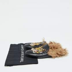 Pre Owned Gucci Black Leather and Fur Tiger Embroidered Princetown Mules Size 39