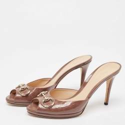 Pre Owned Gucci Brown Guccissima Patent Leather Hollywood Slide Sandals Size 40