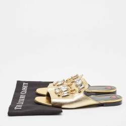 Pre Owned Gucci Gold Leather Crystal Embellished Horsebit Flat Slides Size 39