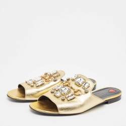 Pre Owned Gucci Gold Leather Crystal Embellished Horsebit Flat Slides Size 39