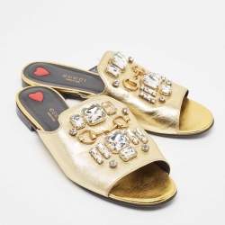 Pre Owned Gucci Gold Leather Crystal Embellished Horsebit Flat Slides Size 39