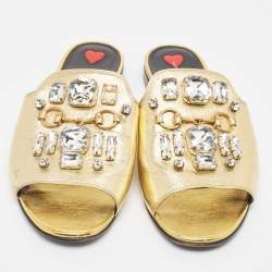 Pre Owned Gucci Gold Leather Crystal Embellished Horsebit Flat Slides Size 39