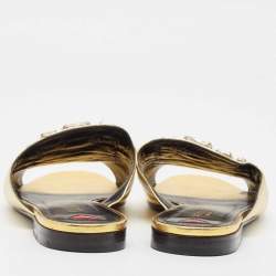 Pre Owned Gucci Gold Leather Crystal Embellished Horsebit Flat Slides Size 39
