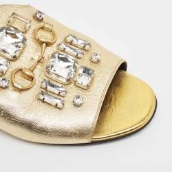 Pre Owned Gucci Gold Leather Crystal Embellished Horsebit Flat Slides Size 39