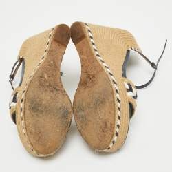 Pre Owned Gucci Beige/Blue Leather and Raffia Wedge Sandals Size 36