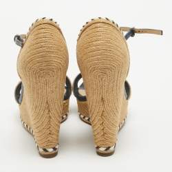 Pre Owned Gucci Beige/Blue Leather and Raffia Wedge Sandals Size 36