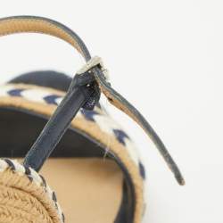 Pre Owned Gucci Beige/Blue Leather and Raffia Wedge Sandals Size 36