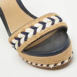 Pre Owned Gucci Beige/Blue Leather and Raffia Wedge Sandals Size 36