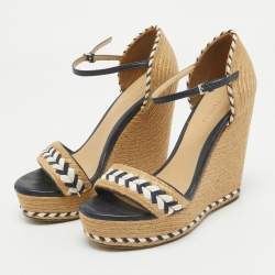 Pre Owned Gucci Beige/Blue Leather and Raffia Wedge Sandals Size 36