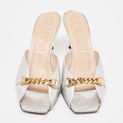 Gucci Silver Leather Sylvie Chain Detail Mules 39.5