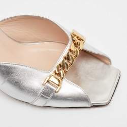 Gucci Silver Leather Sylvie Chain Detail Mules 39.5