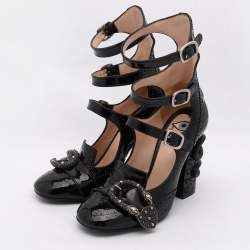 Pre Owned Gucci Black Brogue Patent Leather Queencore Dionysus Embellished Sandals Size 38