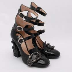 Pre Owned Gucci Black Brogue Patent Leather Queencore Dionysus Embellished Sandals Size 38