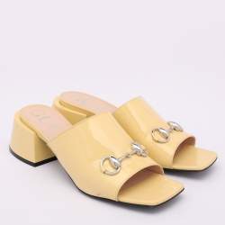 Gucci Yellow Patent Leather Lexi Horsebit Slide Sandals Size 39