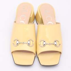 Gucci Yellow Patent Leather Lexi Horsebit Slide Sandals Size 39
