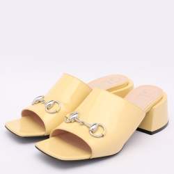 Gucci Yellow Patent Leather Lexi Horsebit Slide Sandals Size 39
