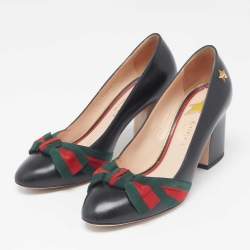 Gucci Black Leather Web Bow Block Heel Pumps 35.5