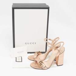 Pre Owned Gucci Metallic Foil Leather GG Marmont Block Heel Ankle Strap Sandals 38.5