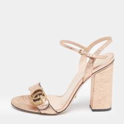 Pre Owned Gucci Metallic Foil Leather GG Marmont Block Heel Ankle Strap Sandals 38.5