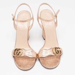 Pre Owned Gucci Metallic Foil Leather GG Marmont Block Heel Ankle Strap Sandals 38.5