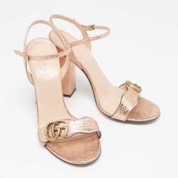 Pre Owned Gucci Metallic Foil Leather GG Marmont Block Heel Ankle Strap Sandals 38.5
