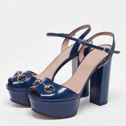 Gucci Blue Patent Leather Claudie Ankle Strap Sandals Size 37.5