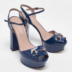 Gucci Blue Patent Leather Claudie Ankle Strap Sandals Size 37.5