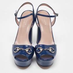 Gucci Blue Patent Leather Claudie Ankle Strap Sandals Size 37.5