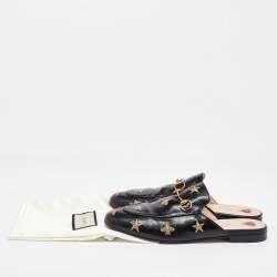 Gucci Black Leather Star and Bee Embroidered Princetown Mules Size 38.5