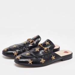 Gucci Black Leather Star and Bee Embroidered Princetown Mules Size 38.5