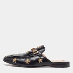 Gucci Black Leather Star and Bee Embroidered Princetown Mules Size 38.5
