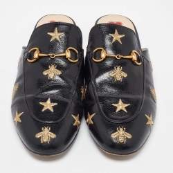 Gucci Black Leather Star and Bee Embroidered Princetown Mules Size 38.5