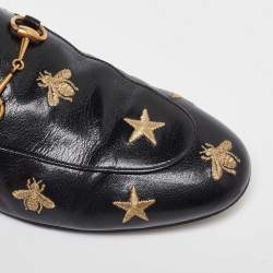 Gucci Black Leather Star and Bee Embroidered Princetown Mules Size 38.5