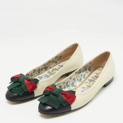 Pre Owned Gucci Off White/Black Leather Web Bow Ballet Flats Size 41