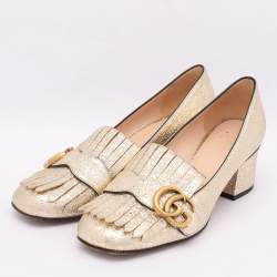 مملوكة مسبقًا Gucci Gold Crinkled Leather GG Marmont Block Heel Pumps Size 36.5