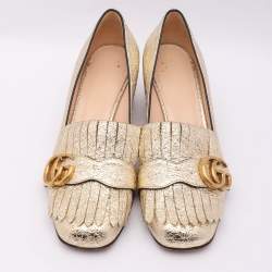 مملوكة مسبقًا Gucci Gold Crinkled Leather GG Marmont Block Heel Pumps Size 36.5