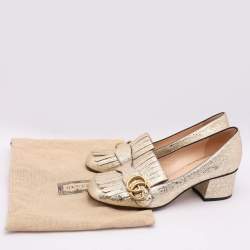 مملوكة مسبقًا Gucci Gold Crinkled Leather GG Marmont Block Heel Pumps Size 36.5