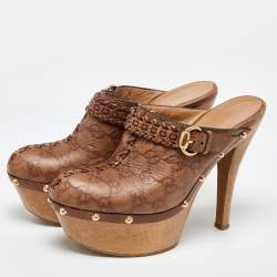 Gucci Brown GG Leather Janis Studded Platform Clogs Size 38.5