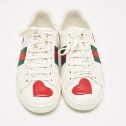 Gucci White Leather and Snakeskin Embossed Ace Web Lace Up Sneakers Size 38.5