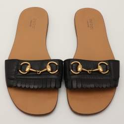 Gucci Black Leather Horsebit Fringe Detail Flat Slides Size 38