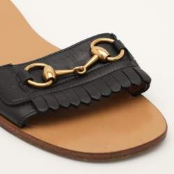 Gucci Black Leather Horsebit Fringe Detail Flat Slides Size 38